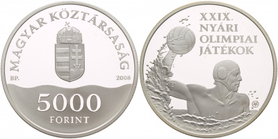 Венгрия 5000 форинтов 2008 Олимпийские игры, водное поло, тираж 14000 экземпляров KM 808 серебро PROOF 1088-3-53