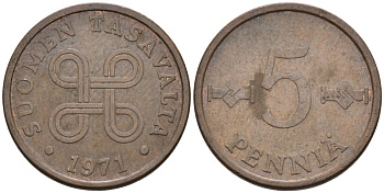 Финляндия 5 пенни 1971 KM 45 медь 4564-866