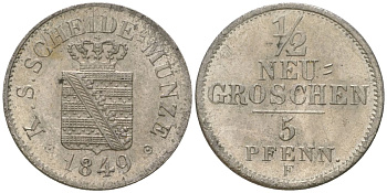 Саксония 1/2 новых гроша = 5 пфеннигов 1849 G, Фридрих Август II (1836-1854) KM 1158 серебро aUNC 4547-232