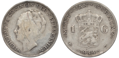 Нидерландское Кюрасао 1 гульден 1944 D, Вильгельмина (1890-1948) KM 45 серебро 36-715