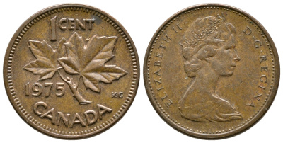 Канада 1 цент 1975 Елизавета II (1952-2022), кленовый лист KM 59.1 бронза 46-1853