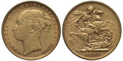 Великобритания соверен 1884 Виктория (1837-1901) Seaby 3856, KM 752, Friedberg 388 золото 00-000-00