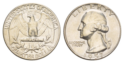 США 25 центов = квотер = 1/4 доллара 1957 D KM 164 серебро 4135-147