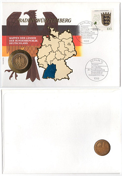 ФРГ 1 марка 1991 в конверте с маркой (КПД - Конверт первого дня Гашения) KM 110, J. 385 медно-никель, золочение UNC 9003-53