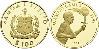 Самоа 100 тала 1991 XXV Олимпийские игры в Барселоне 1992 года, факелоносец, олимпийский огонь золото PROOF 00-808-21