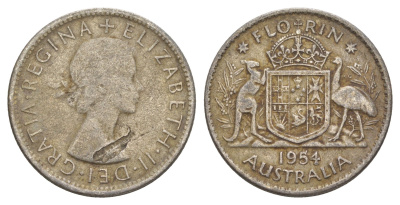 Австралия флорин = 2 шиллинга 1954 Елизавета II (1952-2022) KM 54 серебро 4652-152