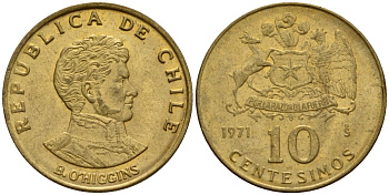 Чили 10 сентесимо 1971 KM 194 алюминиевая бронза 4158-723