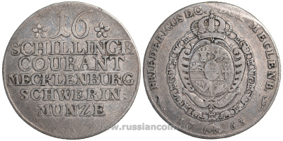 Мекленбург-Шверин 16 шиллингов 1763 Фридрих Мекленбургский (1756-1785) J. 8 KM 208 серебро 1527-823