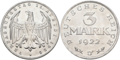 Германия 3 марки 1922 J, третья годовщина Веймарской Конституции KM 29, J.303 алюминий 4587-343