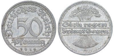 Германия 50 пфеннигов 1919 A KM 27, J. 301 алюминий 4163-136