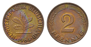 ФРГ 2 пфеннига 1964 F KM 106, J. 381 бронза 4682-1112