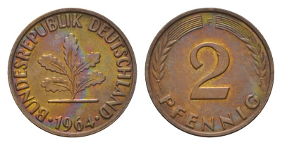 ФРГ 2 пфеннига 1964 F KM 106, J. 381 бронза 4682-1112