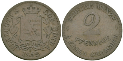 Саксен-Кобург и Гота 2 пфеннига 1852 F KM 110 медь 99-742