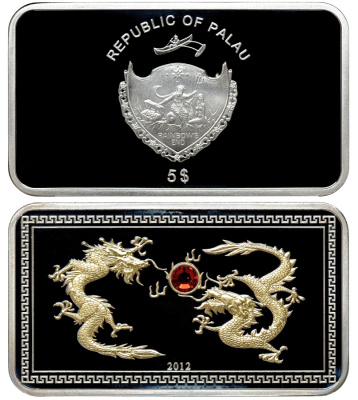 Палау 5 долларов 2012 год дракона, страз, позолота, оригинальная коробка, тираж 350 экземпляров серебро PROOF 2-4-2-21