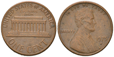 США 1 цент 1975 D, Авраам Линкольн  KM 201 медь цинк 220-925