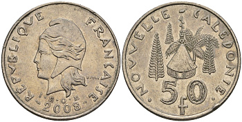 Французская Новая Каледония 50 франков 2008 хижина среди сосен и пальм, (IEOM) KM 13a, Schoen 15a, Lec 128i медно-никель 4111-523