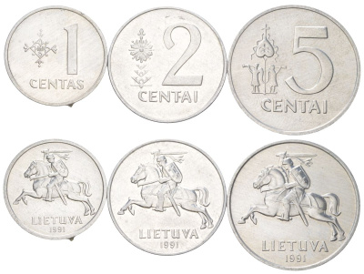 Литва набор из 3 монет (1, 2 и 5 центов) 1991 KM 85, 86 и 87 алюминий UNC 4624-651-653