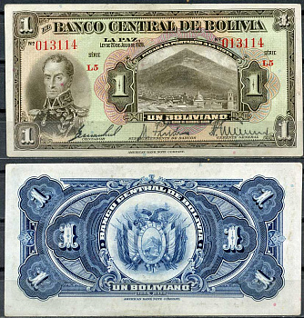 Боливия 1 боливиано 1928 серия L5, Симон Боливар, Потоси Pick 118 a (5-1)  бумага  aUNC 7217-68-1-1