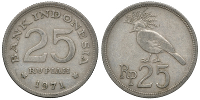 Индонезия 25 рупий 1971 венценосный голубь KM 34 медно-никель 4118-157
