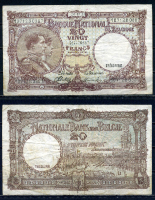 Бельгия 20 франков 1944 30.12.1944, Король Альберт I и его жена Королева Елизавета, Гран-Плас / Гроте Маркт, Брюссель Pick 111 (3) бумага 6301-12-1-2