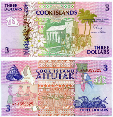 Острова Кука 3 доллара 1992 Христианская церковь в Раротонге Pick 7а бумага UNC (пресс) 8612-37-1-2