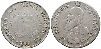Боливия 1 мельгарехо 1865 F.P. KM 146 серебро 00-818-18