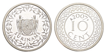 Суринам 10 центов 2007 тираж 1000 экземпляров KM 13a медно-никель BU 4625-337