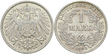 Германия 1 марка 1905 J Weege 18, J. 17, KM 14 серебро aUNC 413-5731