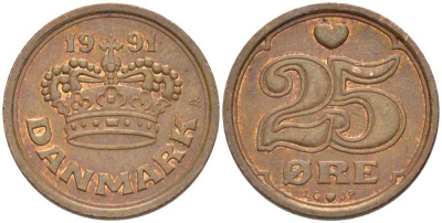 ДАНИЯ 25 ЭРЕ 1991 LG; JP; A, МАРГРЕТЕ II (1972-) KM 868.1 бронза 100-614