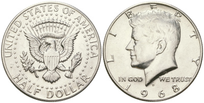 США 1/2 доллара (50 центов) 1968 D, Джон Кеннеди KM 202a серебро  UNC  4178-935