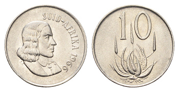ЮАР 10 центов 1966 Ян ван Рибек (1619-1677), Suid Africa, легенда на африкаанс, цветок алоэ KM 68.2 никель 4694-558