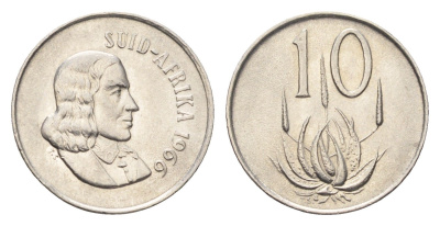ЮАР 10 центов 1966 Ян ван Рибек (1619-1677), Suid Africa, легенда на африкаанс, цветок алоэ KM 68.2 никель 4694-558