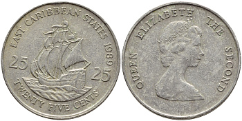Восточно-Карибские штаты 25 центов 1989 Елизавета II (1952-2022), парусник KM 14 медно-никель 86-956