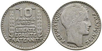 Франция 10 франков 1932 Пьер Тюрен KM 878, Le Franc 360.5 серебро 4683-1036