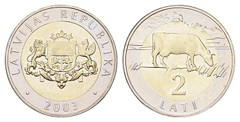 Латвия 2 лата 2003 корова KM 38 биметалл BU 4678-325