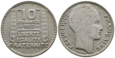 Франция 10 франков 1932 Пьер Тюрен KM 878, Le Franc 360.5 серебро 4683-1036