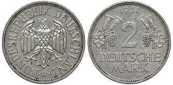 ФРГ 2 марки 1951 D J 386, KM 111 медно-никель плакированный никелем 4681-633