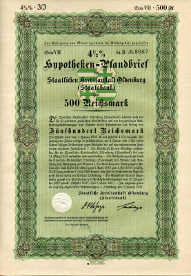 Германия 500 рейхсмарок 1937 Государственное кредитное учреждение Ольденбурга (Государственный банк), ипотечный залог под залог 4-1/2%, облигация   бумага   8802-13-1