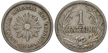 Уругвай 1 сентесимо 1909 KM 19 медно-никель 4169-568