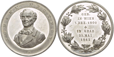 Англия медаль 1862 Иоганн Нестрой (1801-1862), 25,55 гр. Диаметр 45,0 мм цинк aUNC 1088-5-13