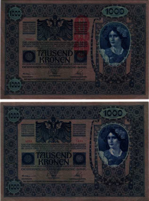 АВСТРИЯ 1000 КРОН 1919 КРАСНАЯ ВЕРТИКАЛЬНАЯ НАДПЕЧАТКА НА 1902 Pick 59 бумага XF 8607-2-1