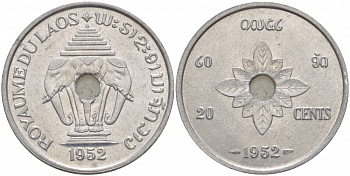 Лаос 20 центов 1952 король Сисаванг Вонг (1904-1959), слоны KM 5 алюминий 4545-443