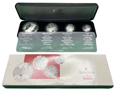 Австралия набор из 4 монет 1988 50 центов, 1, 2, 5 долларов, в оригинальной коробке, с сертификатом KM PS 56 (99а, 100а, 101а, 102а) серебро PROOF 7-5-1-19