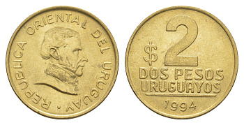 Уругвай 2 песо 1994 KM 104.1 алюминиевая бронза UNC 4649-631