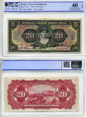 Бразилия 20 мил рейс 1926 Estampa 1A, серия 8A, ABNC, рукописная подпись, в слабе PCGS 40 Extremely Fine Pick 104 a бумага 452-1-19