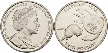Южная Георгия и Южные Сандвичевы Острова 2 фунта 2006 морской слон KM 23 медно-никель UNC 74-235
