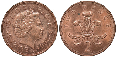 Великобритания 2 пенса 2004 Елизавета II (1952-2022) KM 987, Spink 4690 (C5) сталь плакированная медью UNC 4122-844
