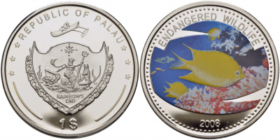 Палау 1 доллар 2008 серия вымирающие виды, амблиглифидодон лимонный (Amblyglyphidodon aureus), цветная эмаль KM 210 медно-никель PROOF 1091-3-13