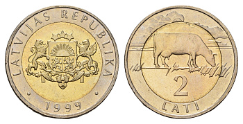 Латвия 2 лата 1999 корова KM 38 биметалл UNC 4652-833