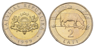 Латвия 2 лата 1999 корова KM 38 биметалл UNC 4652-833